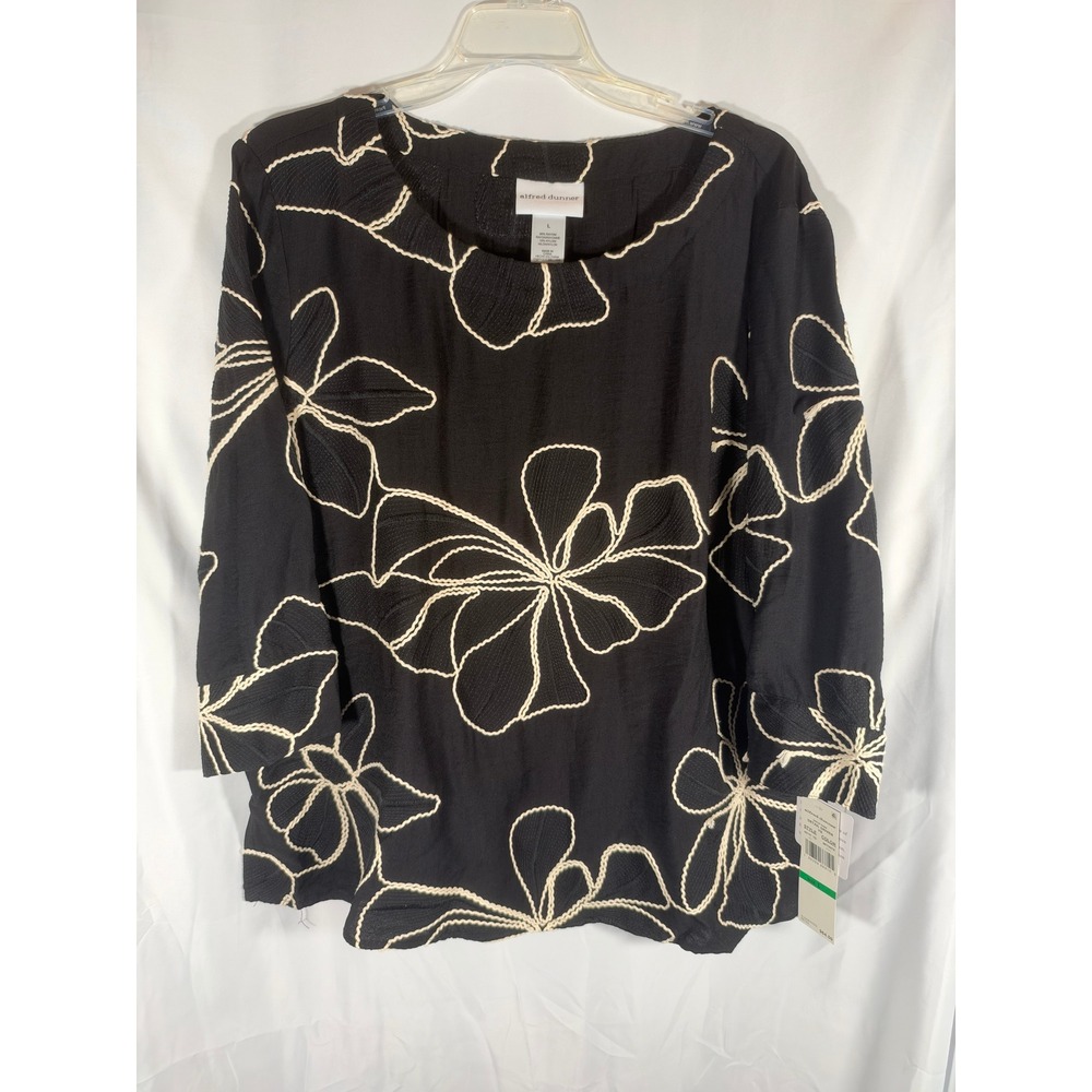 Alfred Dunner Black Floral Embroidered 3/4 Sleeve Blouse Top 42141 YS Onyx L